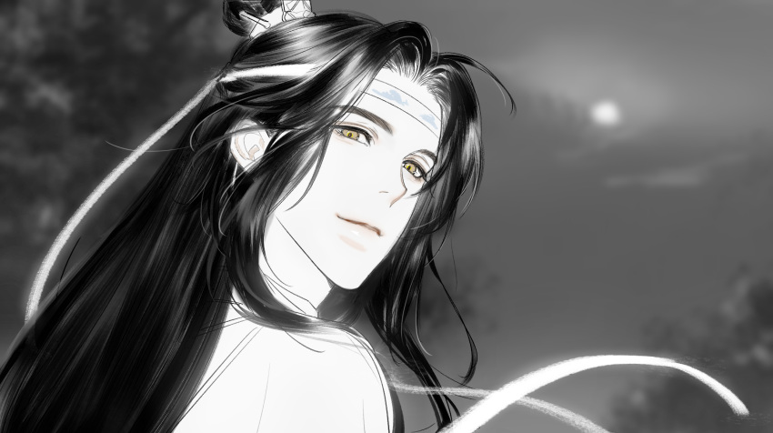 1boy, black_hair, blurry, chinese_clothes, closed_mouth, clouds, cloudy_sky, full_moon
