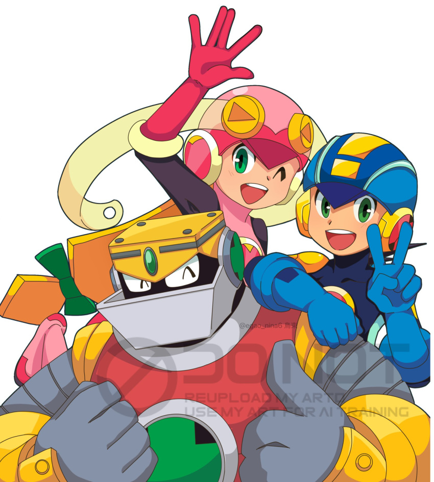 1girl, 2boys, armor, black_leotard, blonde_hair, blue_bodysuit, blue_helmet, bodysuit