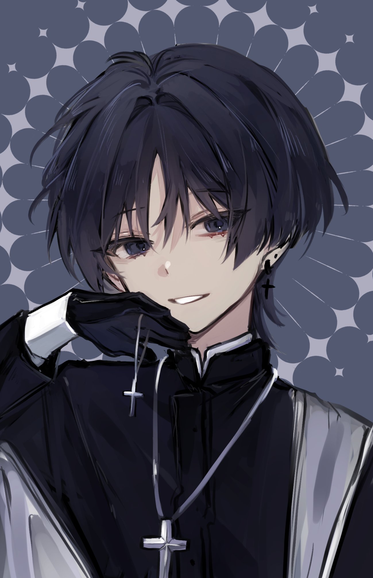 1boy, alternate_costume, black_eyes, black_hair, black_robe, black_sleeves, blunt_ends, cassock, clerical_collar, cross, cross_earrings, cross_necklace, earrings, eyeliner, eyeshadow, genshin_impact, gimmunyag, grey_background, hair_intakes, halo, hand_up, highres, jewelry, layered_sleeves, long_sleeves, looking_at_viewer, makeup, male_focus, necklace, open_hand, open_mouth, portrait, priest, red_eyeliner, red_eyeshadow, robe, scaramouche_(genshin_impact), silver_necklace, smile, solo, tsurime, white_halo, white_mouth, white_sleeves, wispy_bangs