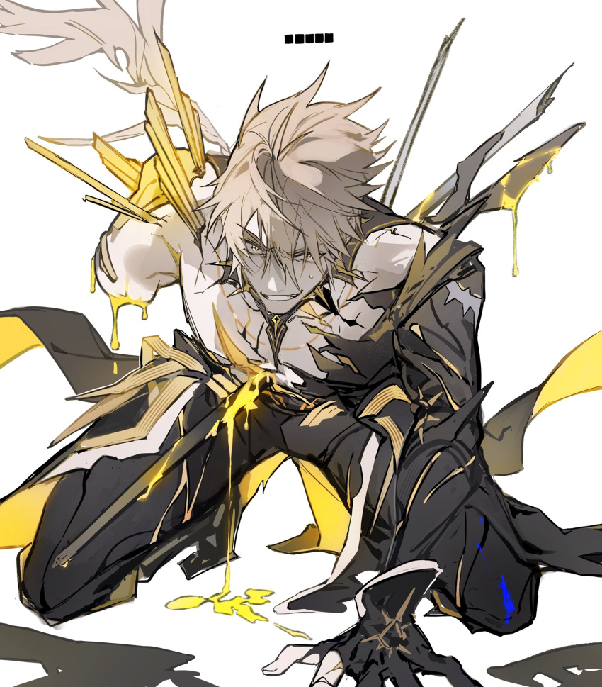 1boy, alternate_costume, black_pants, black_shirt, blonde_hair, clenched_teeth, cracked_skin, grin