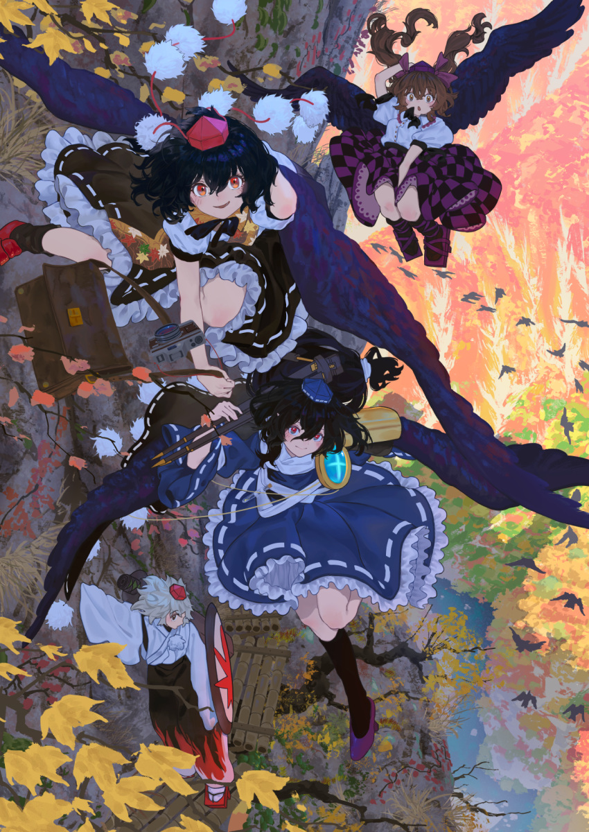 4girls, :d, :o, autumn_leaves, bird, black_hair, black_skirt, black_socks