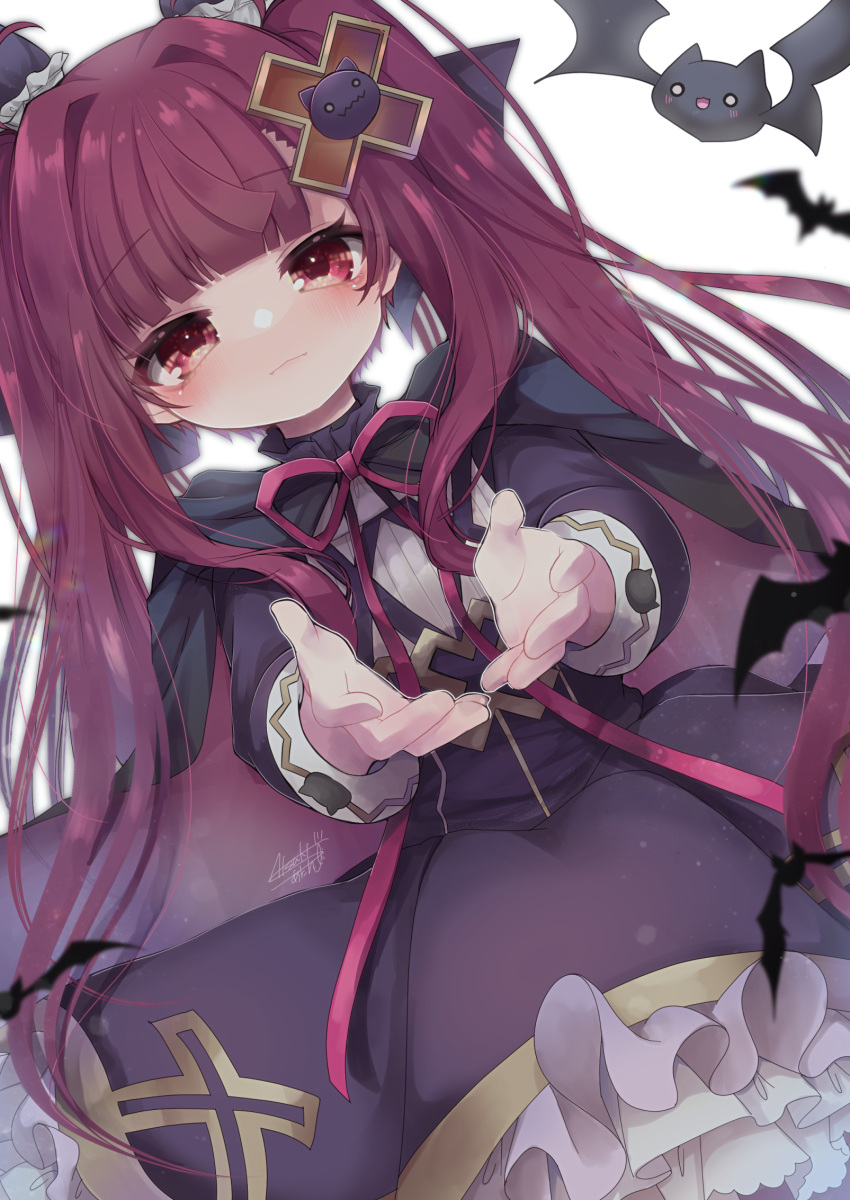 1girl, alucard_lore, bat_(animal), black_cloak, black_dress, bow, cloak, dress