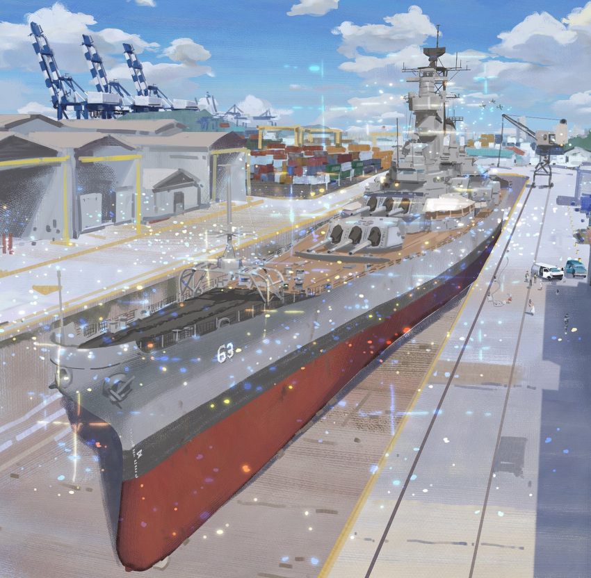 6+girls, aircraft, airplane, akashi_(kancolle), battleship, clouds, crane_(machine), drydock