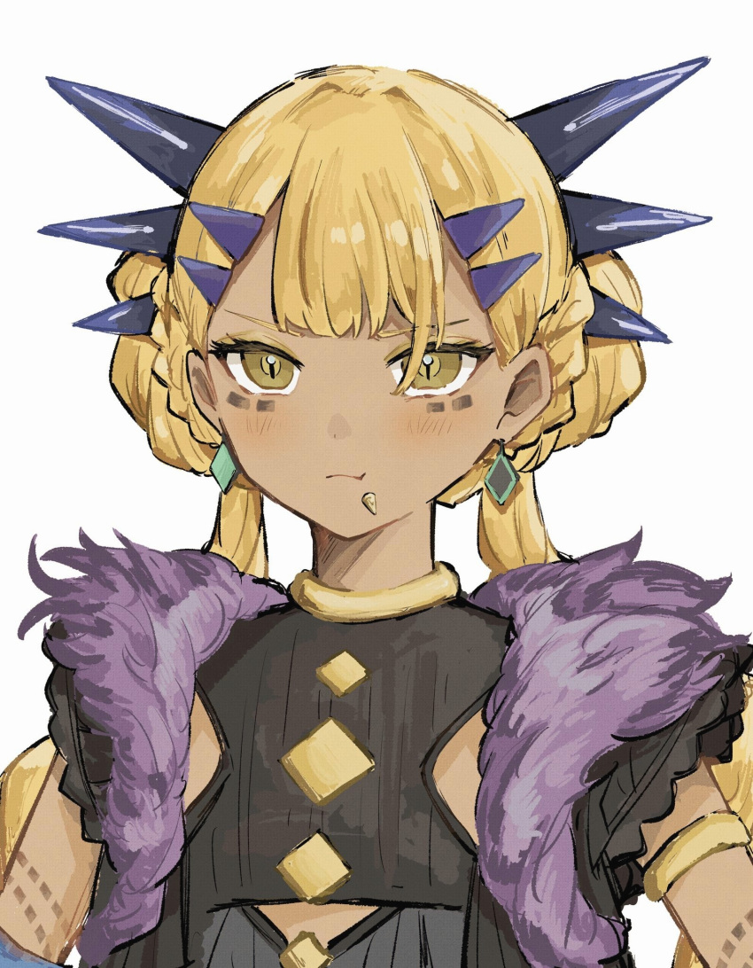 1girl, aged_down, blonde_hair, breasts, chin_piercing, dark-skinned_female, dark_skin, dragon_girl