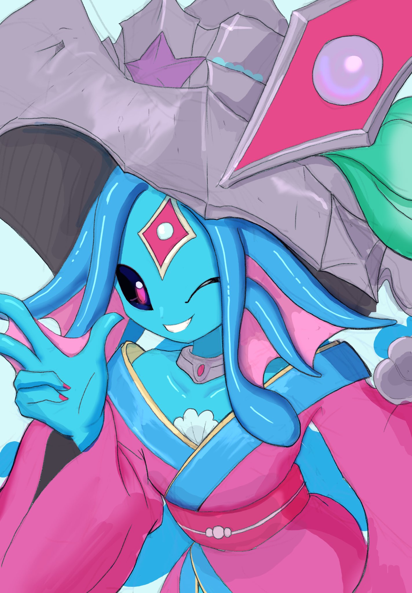1girl, ariemon, bare_shoulders, black_sclera, blue_hair, blue_skin, colored_sclera, colored_skin, digimon, digimon_(creature), facial_mark, forehead_mark, hat, highres, japanese_clothes, kimono, nigreenwalker, one_eye_closed, parted_lips, pink_eyes, pink_kimono, simple_background, smile, solo, upper_body
