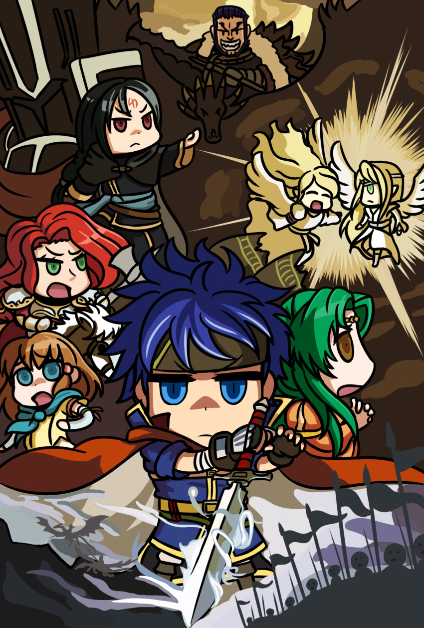 4girls, 5boys, ashnard_(fire_emblem), black_hair, black_knight_(fire_emblem), blonde_hair, blue_eyes, blue_hair