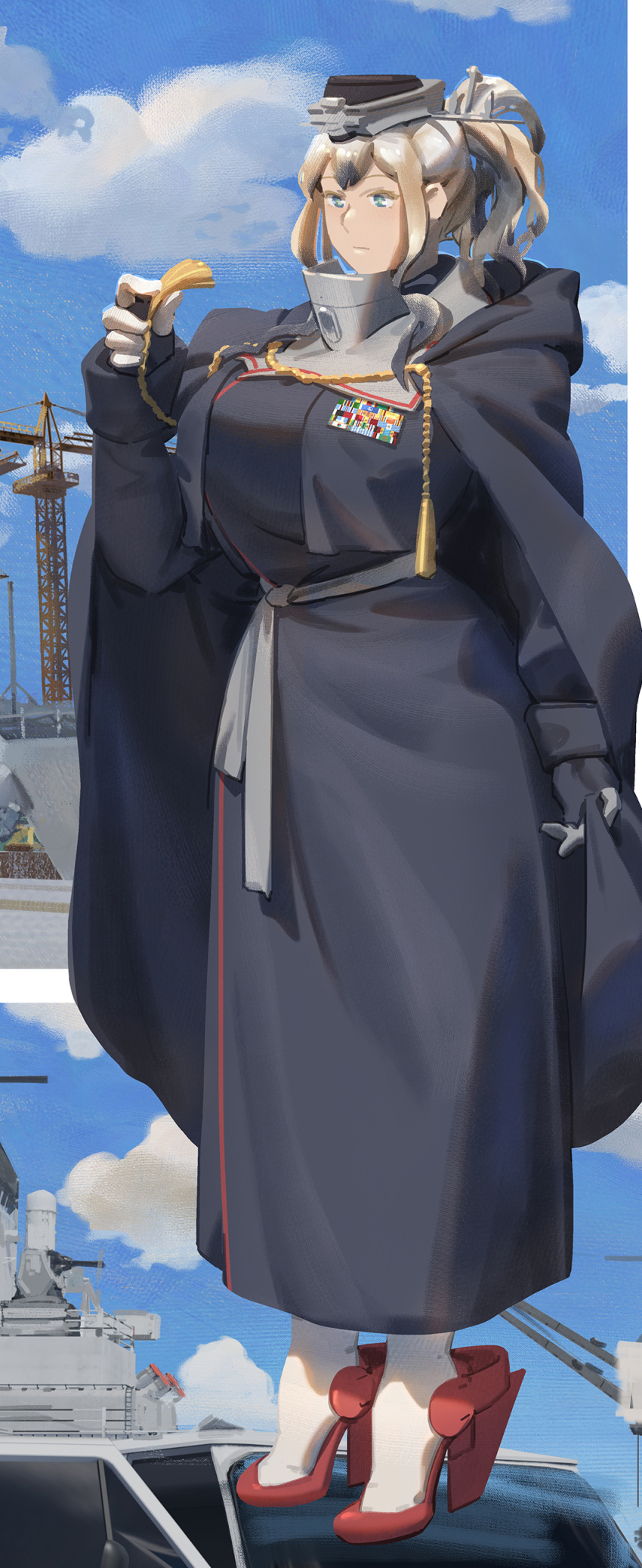 1girl, absurdres, battleship, belt, black_hair, blonde_hair, blue_cape, blue_coat, blue_eyes, blue_gloves, blue_sky, cape, clouds, coat, gloves, grey_belt, grey_sailor_collar, harpoon_missile, headgear, highres, kantai_collection, military_vehicle, motor_vehicle, multicolored_hair, original, overlapped_images, personification, phalanx_ciws, ponytail, red_shoes, ribbon_bar, rudder_footwear, sailor_collar, ship, shoes, sidelocks, sky, solo, tassel, two-tone_hair, uss_missouri_(bb-63), uss_missouri_(bb-63)_(personification), van, vehicle_and_personification, warship, watercraft, ye_fan