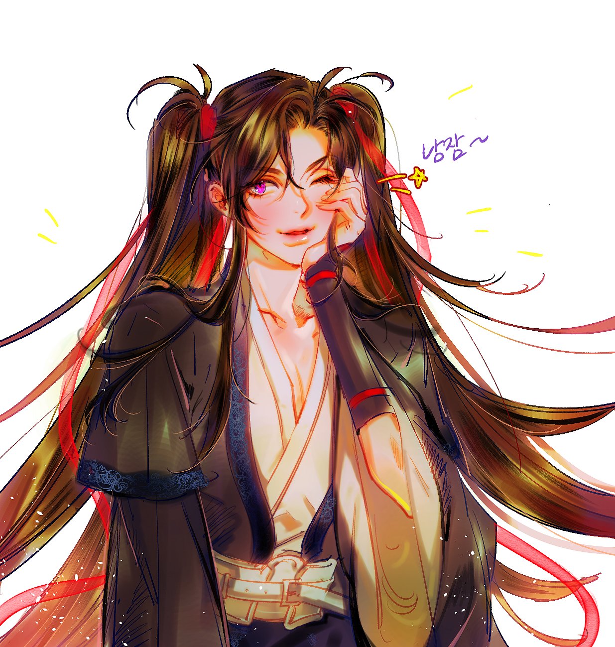 1boy, alternate_hairstyle, arm_guards, bishounen, black_hair, black_hanfu, blush, brown_hair