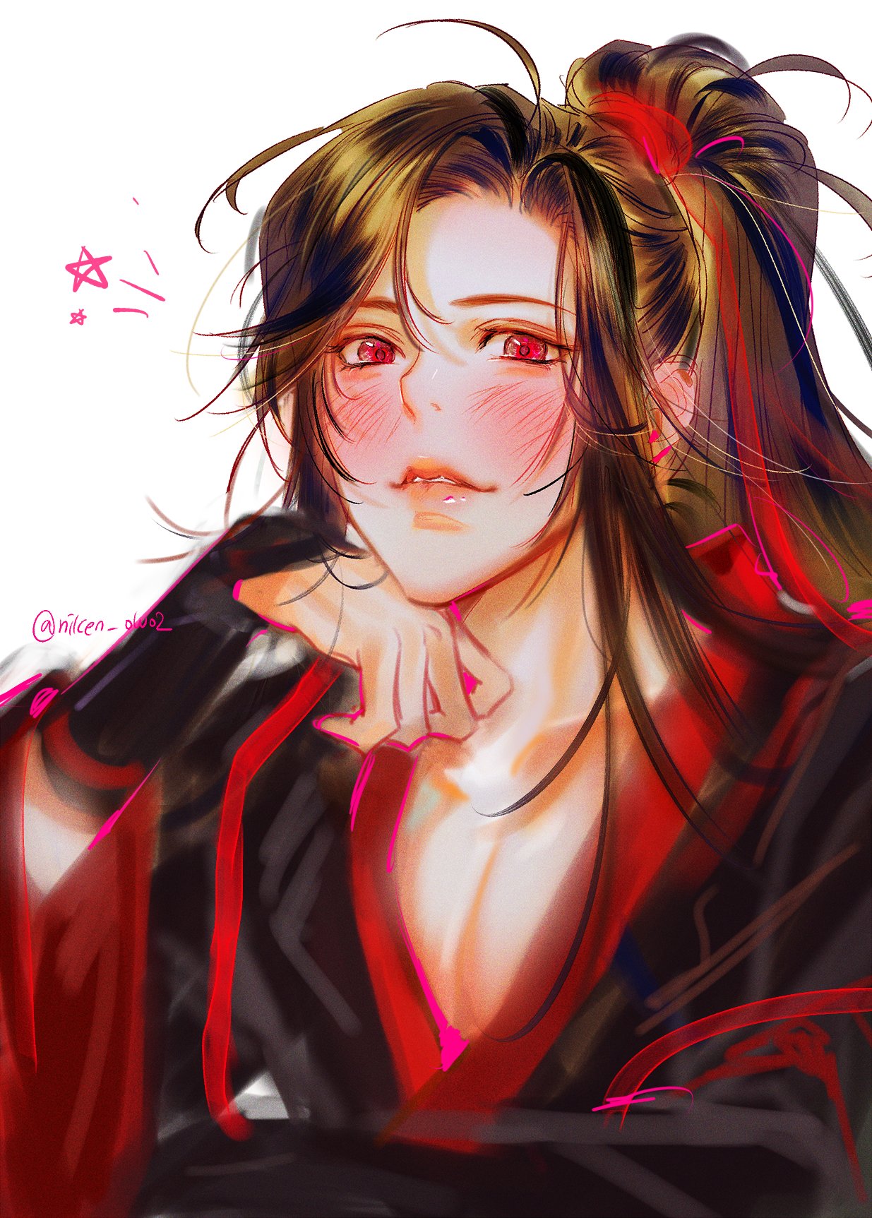 1boy, ahoge, arm_guards, bishounen, black_hair, black_hanfu, blush, brown_hair