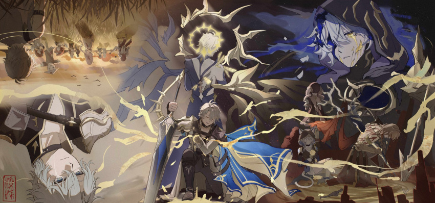 2boys, 6+girls, alternate_form, armor, back, beret, black_pants, blonde_hair, castorice_(honkai:_star_rail), cat_girl, character_request, cipher_(honkai:_star_rail), flame_reaver_of_the_deepest_dark, grey_hair, hat, highres, holding, holding_sword, holding_weapon, honkai:_star_rail, honkai_(series), hood, hood_up, hyacine_(honkai:_star_rail), kkkkkk202357, multiple_boys, multiple_girls, multiple_persona, mydei_(honkai:_star_rail), orange_hair, pants, parted_lips, pauldrons, phainon_(honkai:_star_rail), pink_hair, red_hat, red_tattoo, short_hair, shoulder_armor, single_pauldron, sitting, sword, teeth, upper_body, weapon, yellow_blood