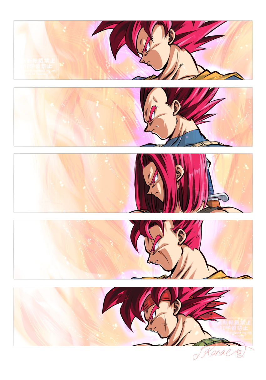 5boys, absurdres, bandana, bardock, close-up, dragon_ball, dragon_ball_heroes, dragon_ball_super, dragon_ball_super_broly, highres, kanaetecho, male_focus, medium_hair, multiple_boys, profile, red_bandana, red_eyes, red_hair, scar, scar_on_face, son_gohan_(future), son_goku, spiky_hair, super_saiyan, super_saiyan_god, trunks_(dragon_ball), trunks_(future)_(dragon_ball), vegeta
