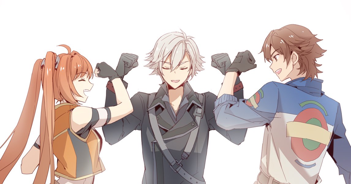1girl, 2boys, ahoge, black_gloves, brown_eyes, brown_hair, closed_eyes, coat