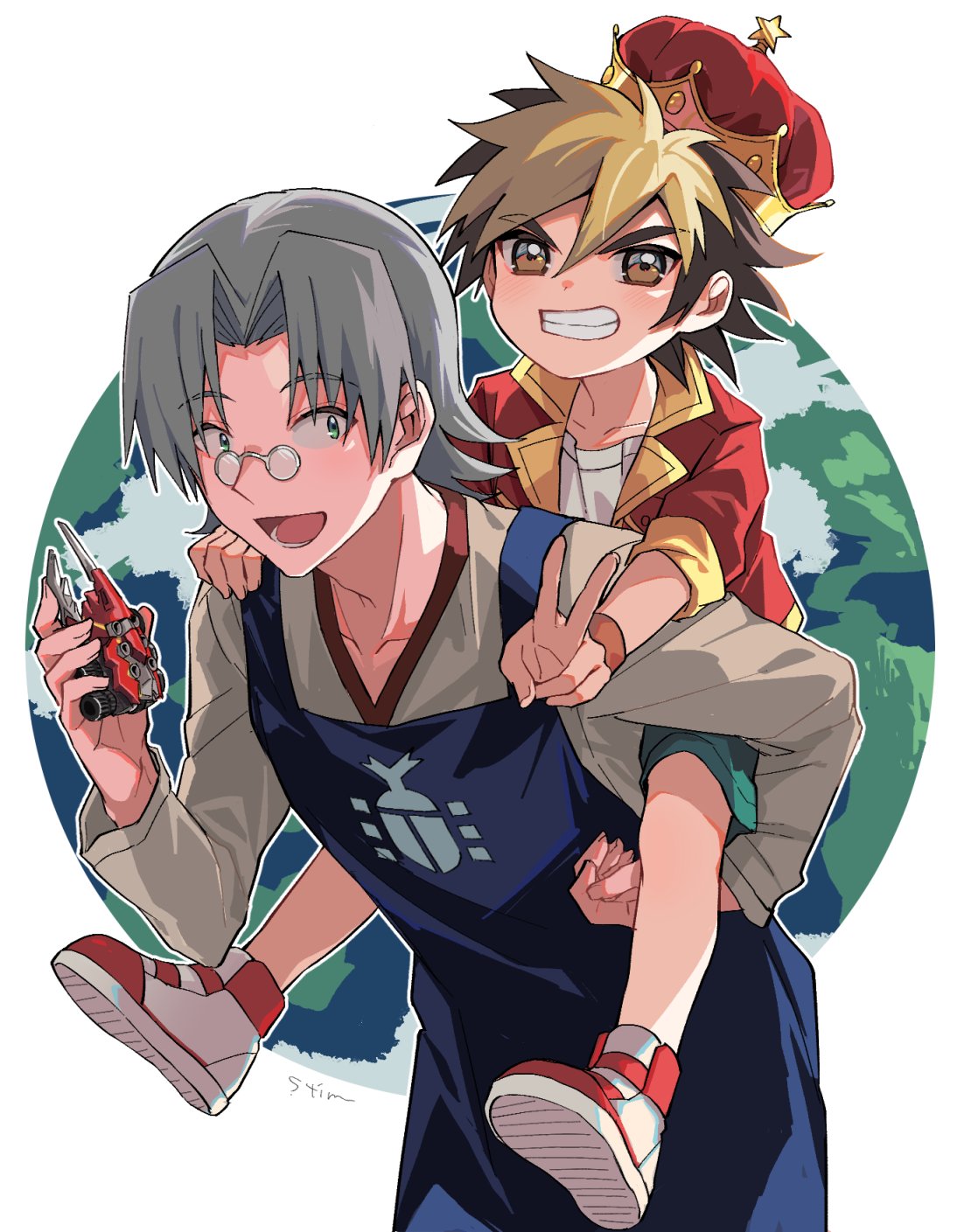 2boys, amanogawa_ryuusei, andou_loid, apron, arched_crown, artist_name, black_hair, blonde_hair