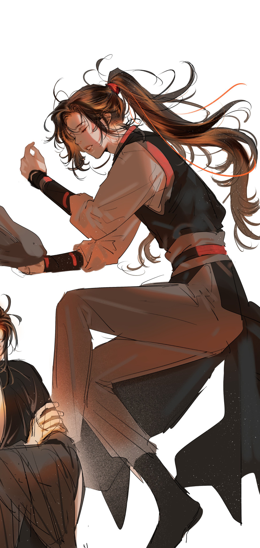 1boy, absurdres, ahoge, black_boots, black_hair, black_hanfu, boots, brown_hair