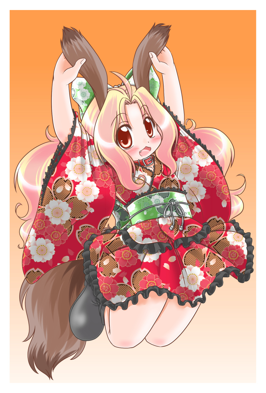 ahoge, animal_ears, blonde_hair, blush, bow, dog_ears, dog_tail, hair_bow