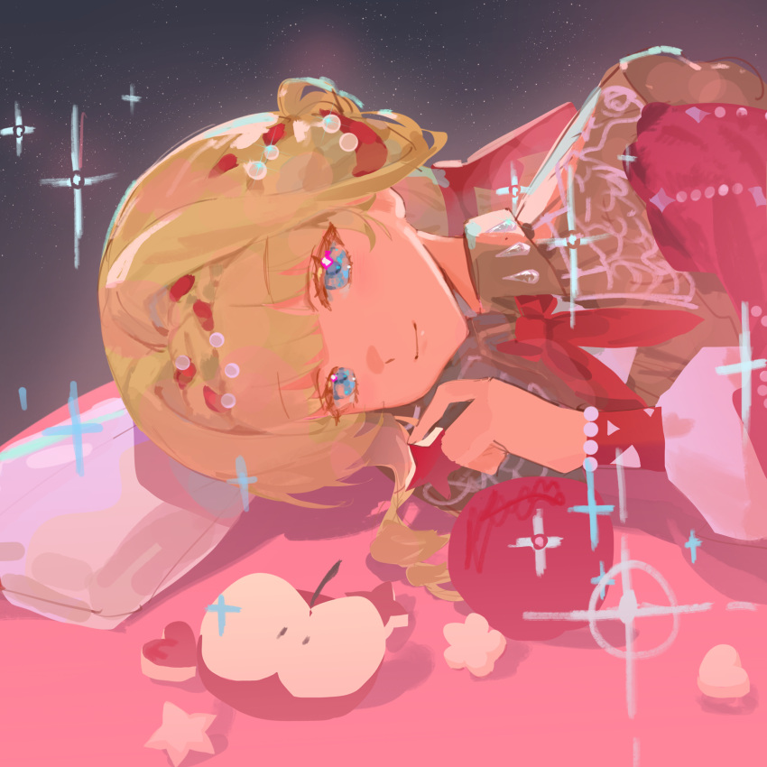1girl, apple, blonde_hair, blue_eyes, braid, braided_bangs, brown_dress, cloak