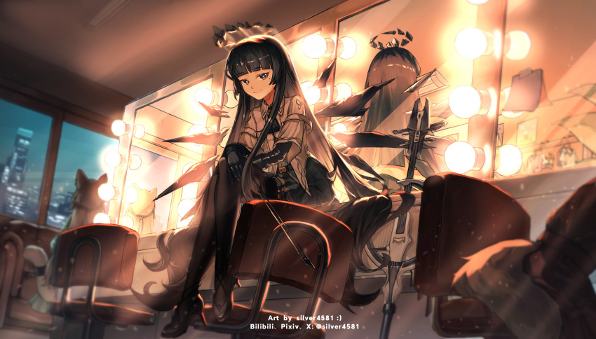 1other, 2girls, arknights, ascot, black_eyes, black_gloves, black_hair, black_halo