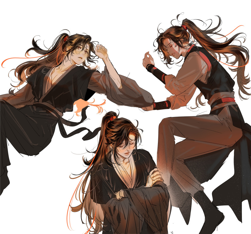 1boy, absurdres, ahoge, black_boots, black_hair, black_hanfu, blush, boots