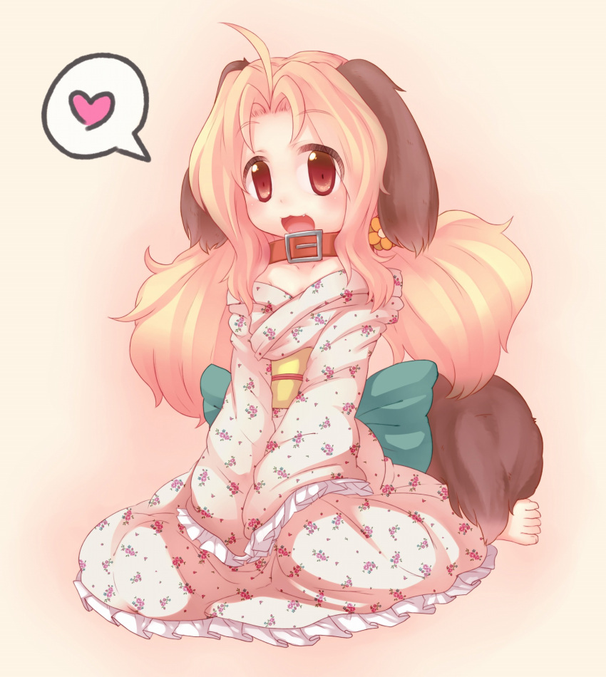 animal_ears, barefoot, blonde_hair, brown_eyes, collar, dog_ears, dog_tail, heart