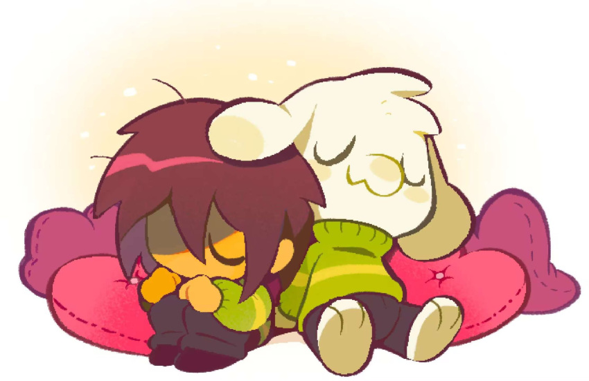 1boy, 1other, ache13337003, asriel_dreemurr, black_pants, black_shoes, brown_hair, chara_(undertale)