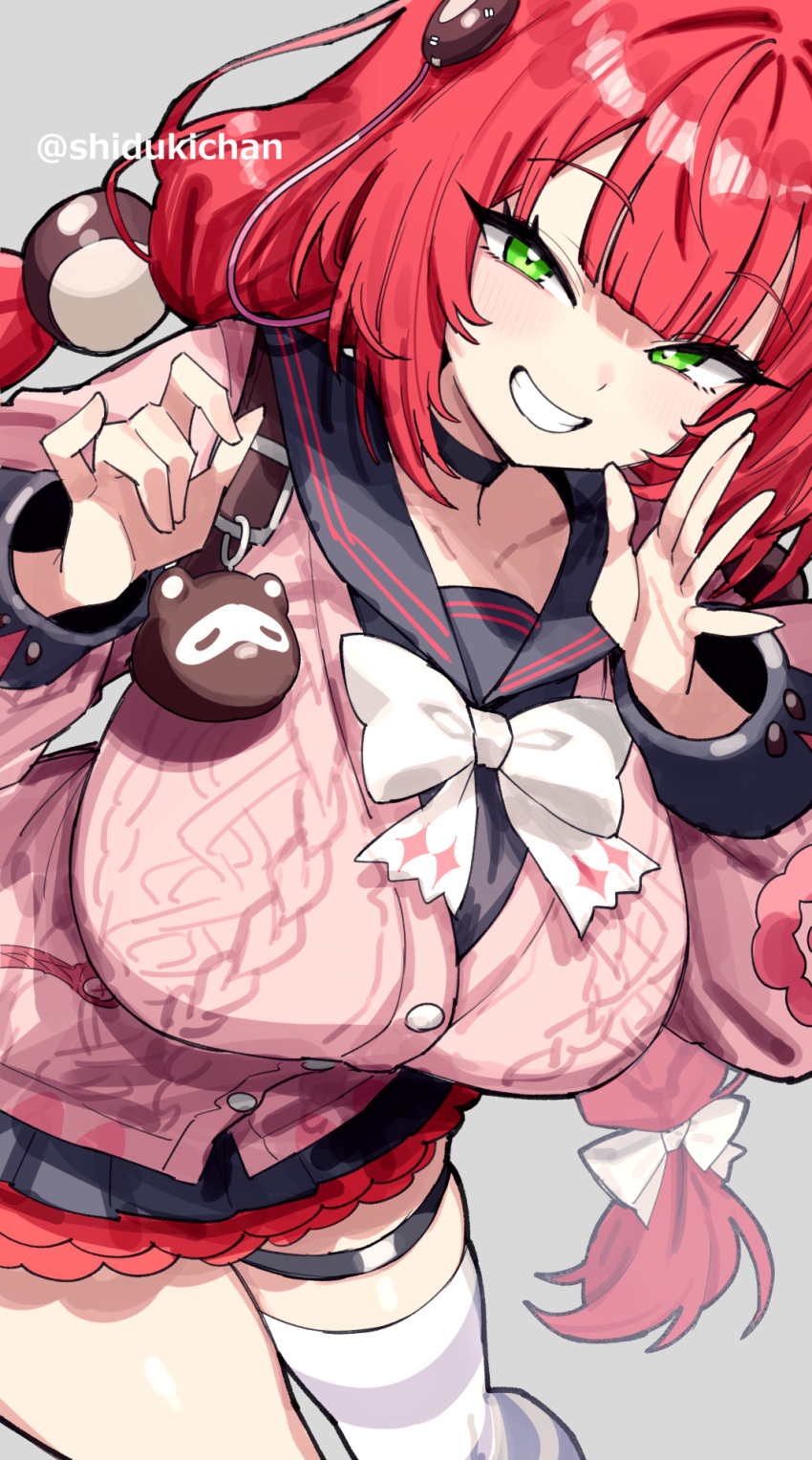 1girl, asymmetrical_legwear, breasts, buttons, collarbone, green_eyes, highres, large_breasts