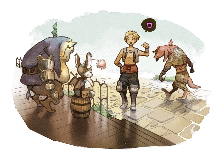 barrel, blonde_hair, final_fantasy, final_fantasy_xii, kaz_(nishi_kaz0112), moogle, seeq, vaan