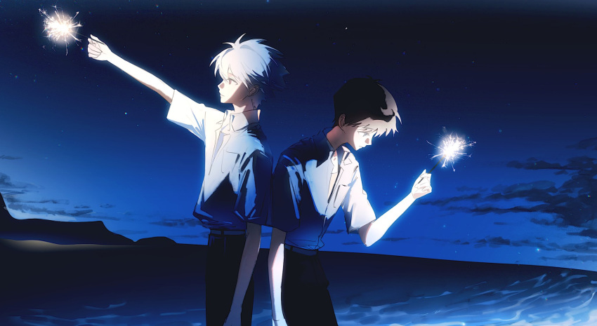 2boys, arm_up, belt, black_pants, blue_eyes, breast_pocket, brown_hair, closed_mouth