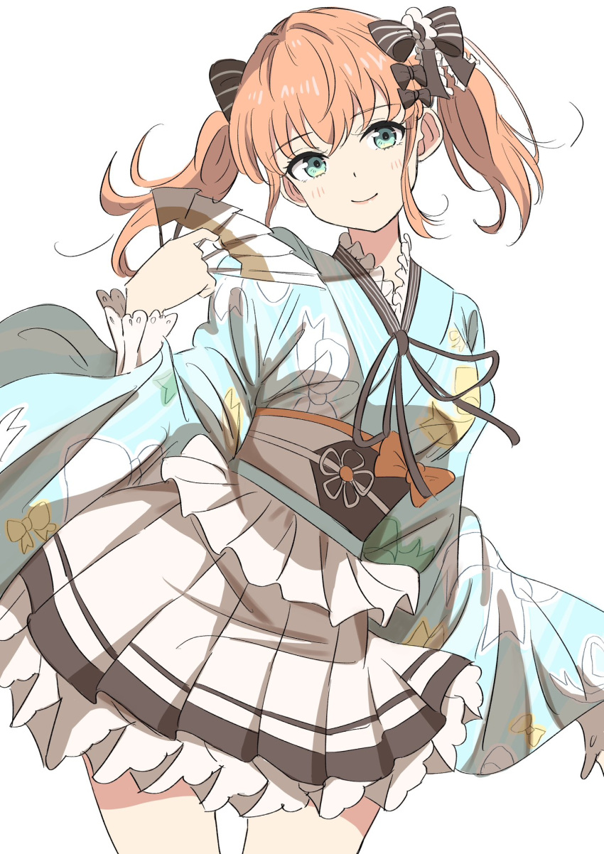 1girl, 37.5c_no_fantasy, aqua_eyes, bien_(djpwjd1), black_bow, black_sash, blue_kimono, bow