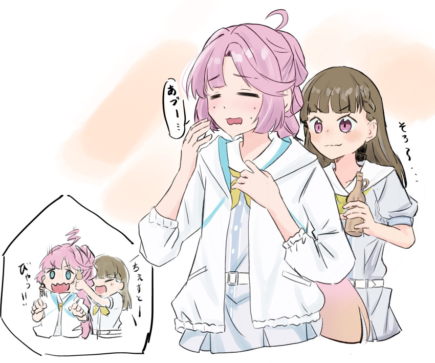 2girls, ahoge, anyoji_hime, blue_eyes, blush, braid, brown_hair, center-flap_bangs