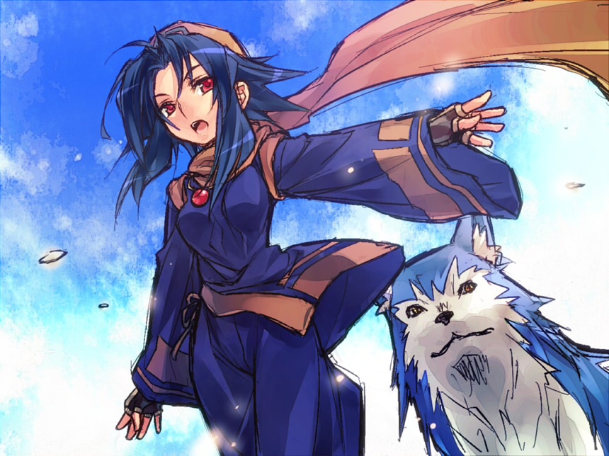 character_request, fingerless_gloves, gloves, hat, outstretched_arm, payot, red_eyes, rera, samurai_spirits, scarf, shikuru, sky, standing, wanko_(pixiv), wolf