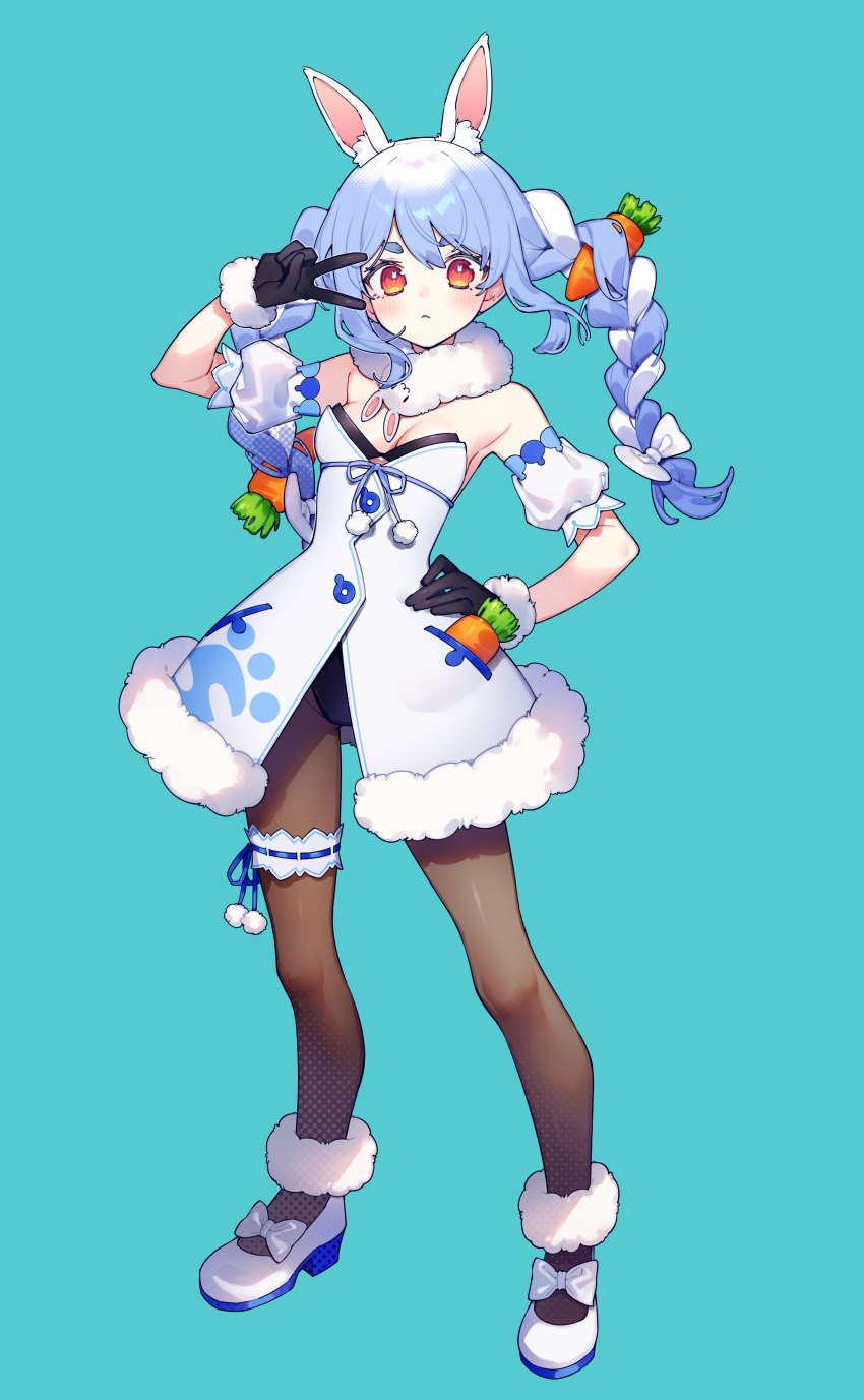 1girl, absurdres, animal_ears, black_gloves, blue_hair, braid, carrot, carrot_hair_ornament