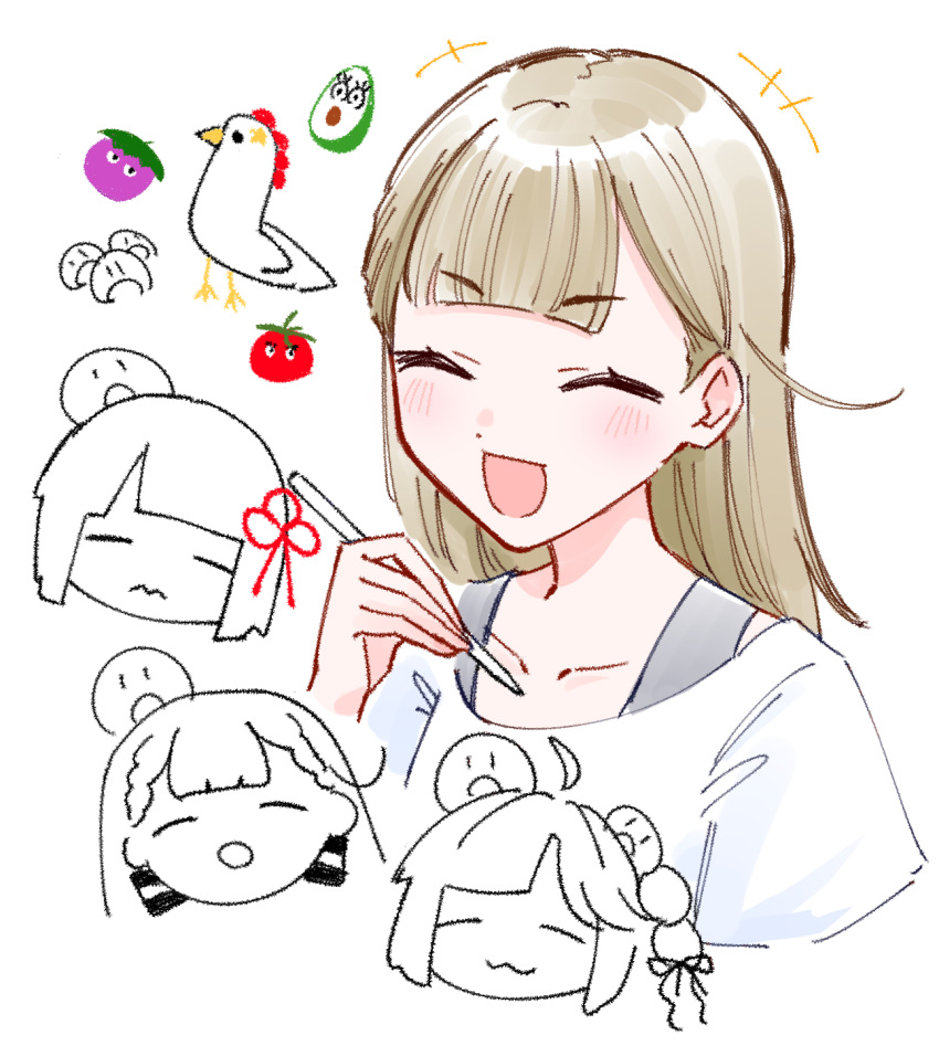 +++, 3:, 3girls, :d, :o, ^_^, ahoge, anyoji_hime, avocado, avocado_(love_live!), avocado_slice, bird, blush, bow, braid, brown_hair, center-flap_bangs, chibi, chicken, closed_eyes, closed_mouth, collarbone, detached_ahoge, drawing_(object), eggplant, flower_knot, hair_bow, hair_ribbon, highres, kachimachi_kosuzu, link!_like!_love_live!, love_live!, momose_ginko, multi-tied_hair, multiple_girls, nasu-san_(love_live!), open_mouth, partially_colored, peking_duck_(love_live!), ponytail, ribbon, shirt, short_sleeves, side_braids, smile, tomati_(love_live!), tomato, virtual_youtuber, white_shirt, zangemiya