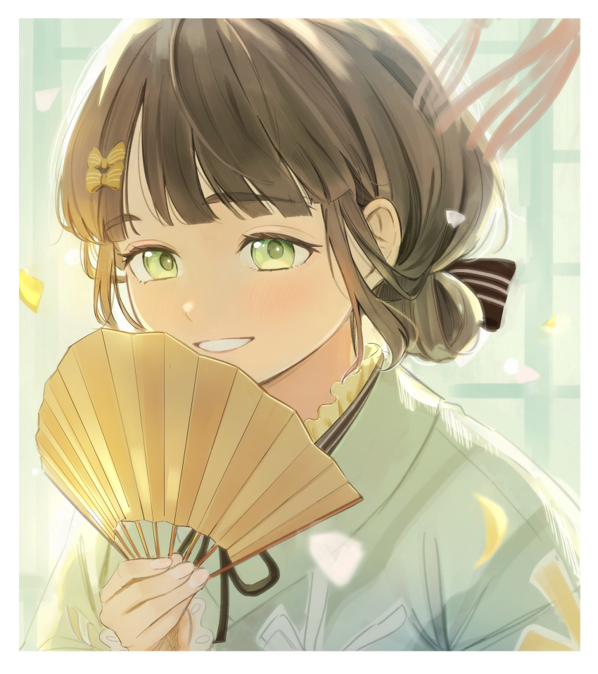 1girl, 37.5c_no_fantasy, black_hair, blue_background, blue_kimono, blunt_bangs, blush, border