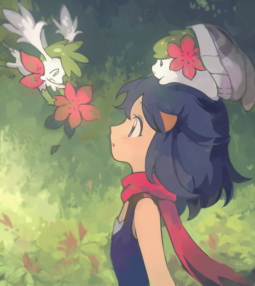 1girl, beanie, black_hair, blush, breasts, commentary, flower, flying, hair_ornament, hairclip, hat, highres, hikari_(pokemon), looking_up, midair, myon_(myonninn), on_head, pokemon, pokemon_(creature), pokemon_dppt, pokemon_on_head, profile, red_flower, red_scarf, scarf, shaymin, shaymin_(land), shaymin_(sky), sleeveless, small_breasts, symbol-only_commentary