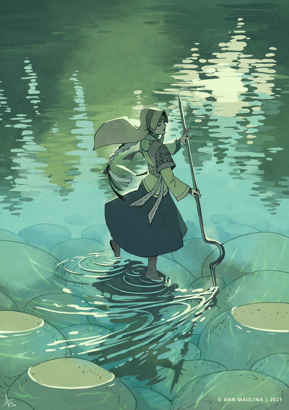 1girl, analogous_colors, ann_maulina, artist_name, braid, clip_studio_paint_(medium), commentary, dated, dress, english_commentary, from_side, full_body, hat, headscarf, highres, holding, holding_staff, long_hair, long_sleeves, outdoors, raruurien, rienasha_(raruurien), ripples, rock, signature, solo, staff, standing, veil, wading, water, white_hair