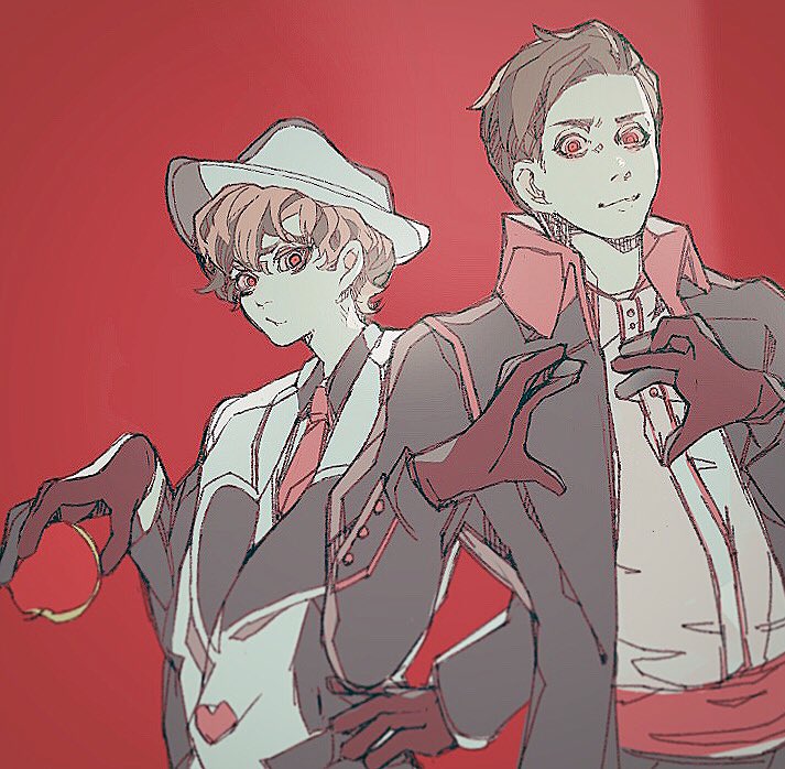 2boys, apple_poison, black_gloves, black_hair, brown_hair, closed_mouth, disneyland, formal_clothes, gloves, hat, heart, jack_heart, kyou_o, looking_at_viewer, male_focus, multiple_boys, necktie, recruiters_(disney), red_eyes, simple_background, smile