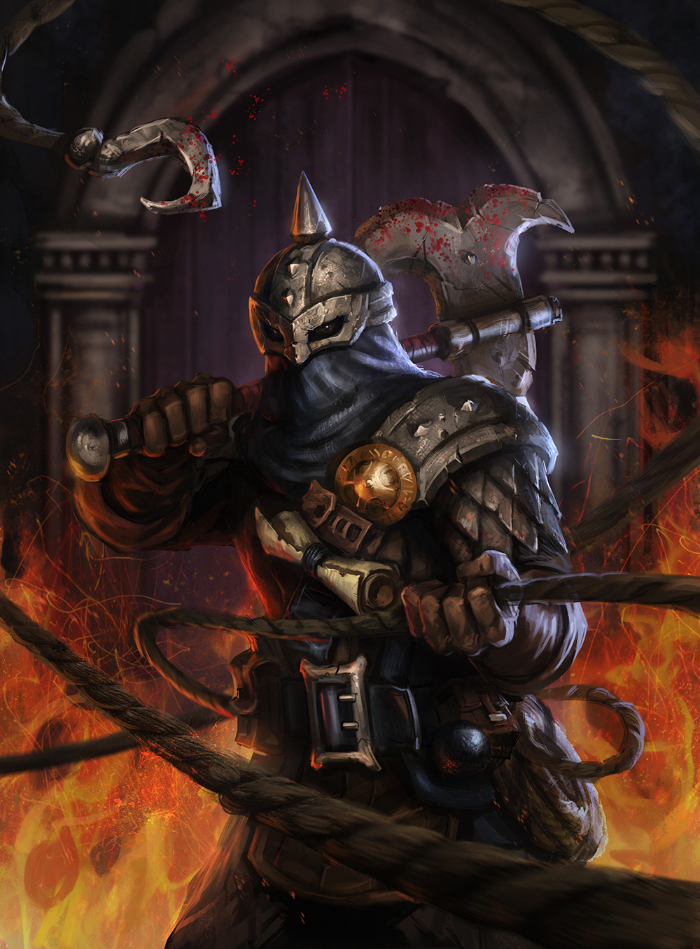 1boy, armor, axe, belt, bounty_hunter_(darkest_dungeon), commentary, darkest_dungeon, english_commentary, gloves, grappling_hook, head_spikes, helm, helmet, highres, holding, holding_axe, holding_weapon, hook, mask, scale_armor, scroll, shoulder_armor, spiked_armor, t-biddy, weapon