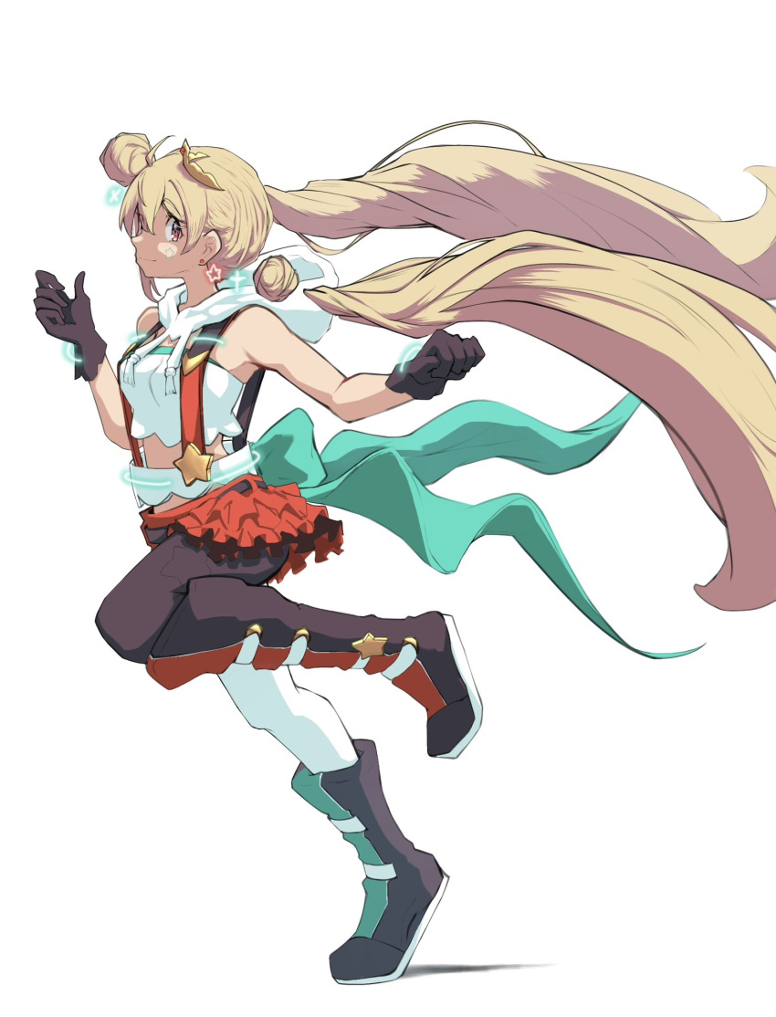 1girl, ahoge, asymmetrical_footwear, asymmetrical_legwear, black_boots, black_gloves, black_thighhighs, blonde_hair, boots, crop_top, crown, detached_hair, detached_hood, double_bun, facial_mark, from_side, gloves, green_boots, green_ribbon, hair_between_eyes, hair_bun, highres, kashiwaoishi, long_hair, mini_crown, multicolored_boots, red_boots, red_eyes, red_skirt, reject_(esports), ribbon, running, skirt, star-shaped_pupils, star_(symbol), suspenders, symbol-shaped_pupils, thigh-highs, tooko_(vtuber), twintails, very_long_hair, virtual_youtuber, white_background, white_thighhighs
