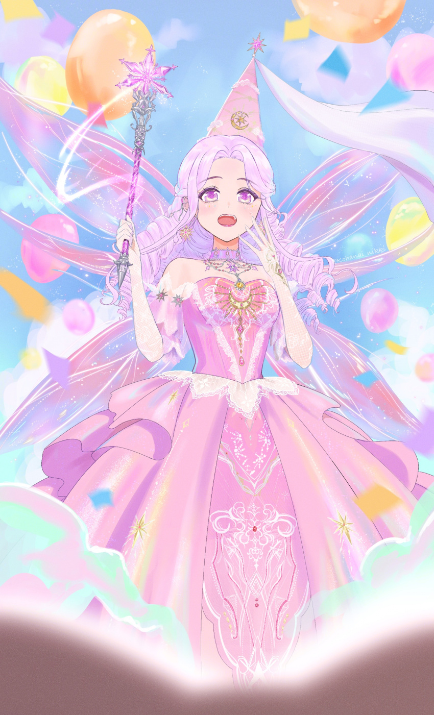 1girl, absurdres, balloon, bare_shoulders, blue_sky, book, choker, commentary_request, confetti, crescent_print, detached_sleeves, dress, drill_hair, elbow_gloves, enchanted_encounter_(infinity_nikki), eyelashes, fairy_wings, feet_out_of_frame, floating_clothes, frilled_dress, frilled_sleeves, frills, gloves, gown, hand_on_own_cheek, hand_on_own_face, happy, hat, hat_ornament, highres, holding, holding_wand, infinity_nikki, jewelry, kohanai_setsuna, lace, lace_gloves, light_blush, light_particles, long_hair, necklace, nikki_(series), open_book, open_mouth, pink_dress, pink_eyes, pink_hair, pink_hat, pink_sleeves, pink_wings, pleated_sleeves, purple_choker, sky, smile, smoke, solo, standing, star_(symbol), star_hat_ornament, star_necklace, star_print, star_wand, strapless, strapless_dress, teeth, upper_teeth_only, veil, wand, white_gloves, white_veil, wind, wings