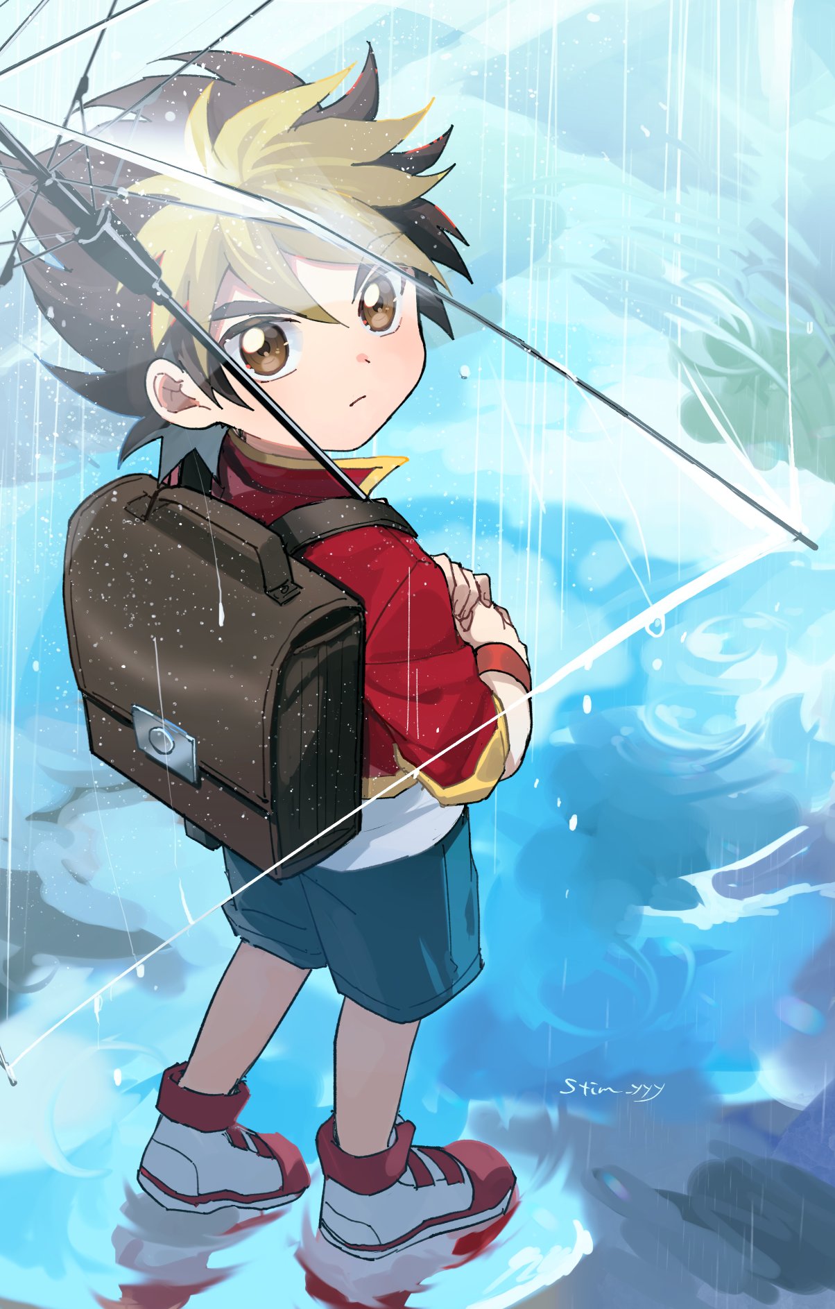 1boy, after_rain, amanogawa_ryuusei, artist_name, backpack, bag, black_hair, blonde_hair