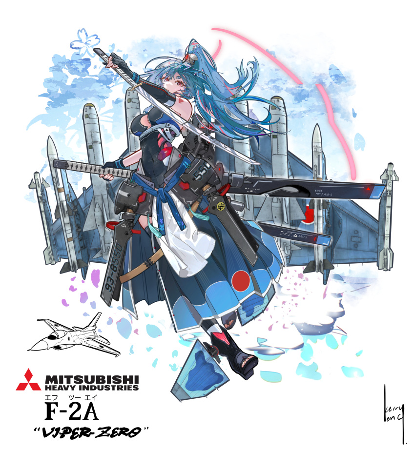 1girl, absurdres, aircraft, airplane, blue_hair, f-2, fighter_jet, full_body