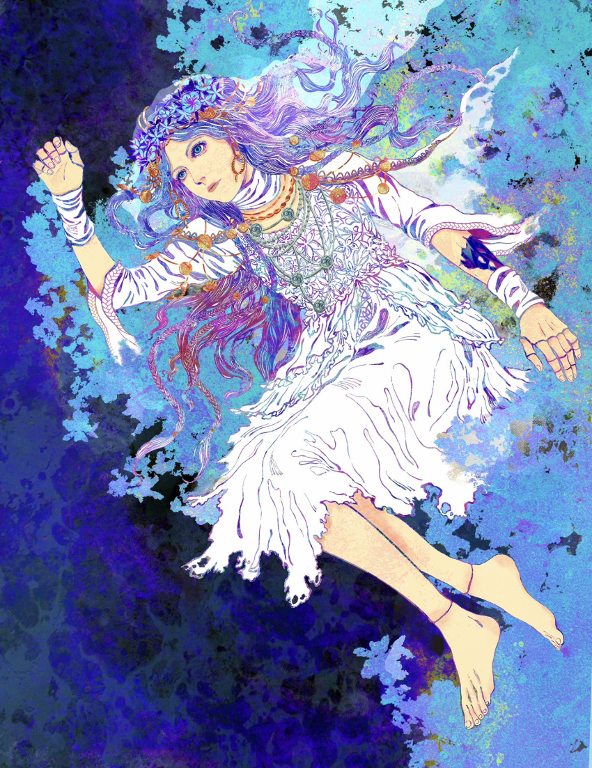 1girl, barefoot, blue_background, blue_eyes, braid, cracked_skin, doll_joints, dress