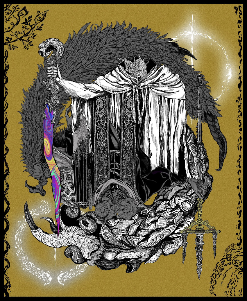 2boys, asymmetrical_horns, black_border, border, claws, elden_ring, great_rune_(elden_ring), half-siblings