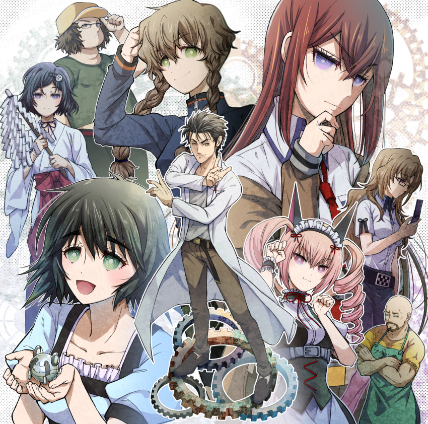 4boys, 5girls, akiha_rumiho, amane_suzuha, animal_ears, arm_belt, baseball_cap, beard_stubble, belt, belt_around_waist, bike_shorts, black_hair, black_trim, blonde_hair, blush, braid, breasts, brown_hair, brown_jacket, brown_pants, cat_ears, cellphone, checkered_buckle, choker, collared_shirt, dress, drill_hair, everyone, facial_hair, flip_phone, gears, glasses, green_eyes, hair_between_eyes, hair_ornament, hairband, hairclip, hand_up, happy, hashida_itaru, hat, highres, holding, holding_phone, jacket, japanese_clothes, kiryuu_moeka, kosode, lab_coat, loafers, long_hair, long_sleeves, looking_at_viewer, maid, maid_headdress, makise_kurisu, mayqueen_maid_uniform, medium_breasts, metal_upa, miko, motomotosakana, multiple_boys, multiple_girls, necktie, okabe_rintarou, open_mouth, outstretched_crossed_arms, pants, pantyhose, phone, pink_eyes, pink_frills, pink_hair, purple_trim, red_necktie, ribbon, ribbon-trimmed_corset, ribbon-trimmed_hairband, ribbon_choker, school_uniform, shiina_mayuri, shirt, shirt_partially_tucked_in, shoes, short_hair, skirt, skull_hair_ornament, sleeve_slit, smile, smirk, steins;gate, stubble, tennouji_yuugo, thinking, tongue, track_jacket, trap, twin_braids, twin_drills, twintails, upa_(steins;gate), urushibara_luka, v-shaped_eyebrows, violet_eyes, white_shirt, yellow_eyes, yellow_hat