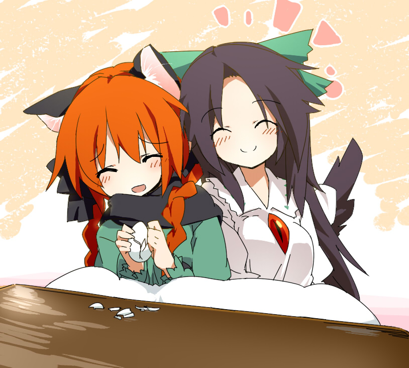 black_hair, blush, bow, braid, cape, cat_ears, closed_eyes, egg, face, hair_bow, happy, kaenbyou_rin, long_hair, multiple_girls, orange_hair, peeling, reiuji_utsuho, smile, third_eye, touhou, twin_braids, usada_o, wings