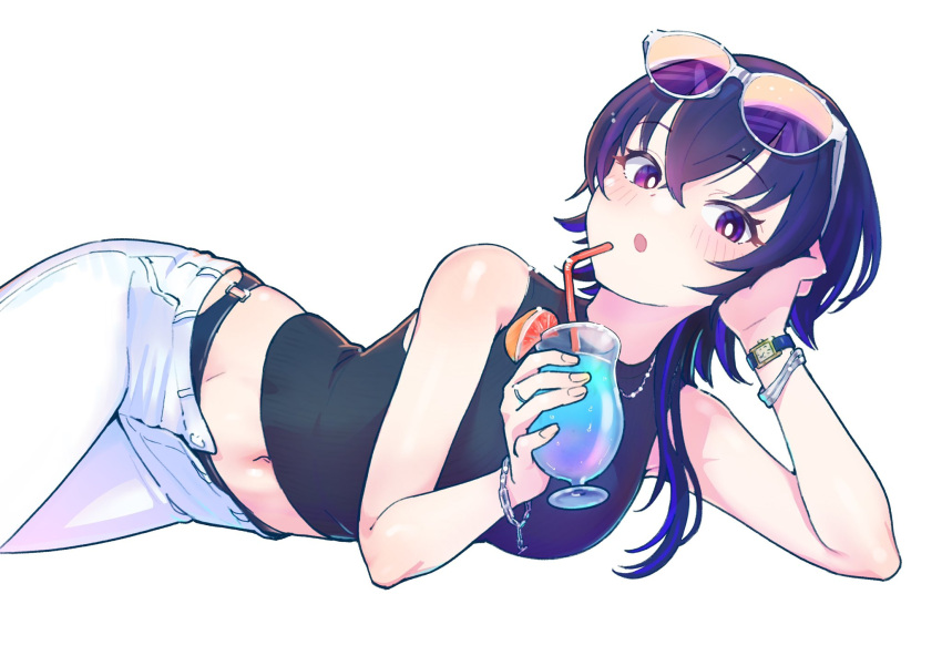 1girl, :o, black_hair, black_panties, black_shirt, blue_hair, blush, bracelet