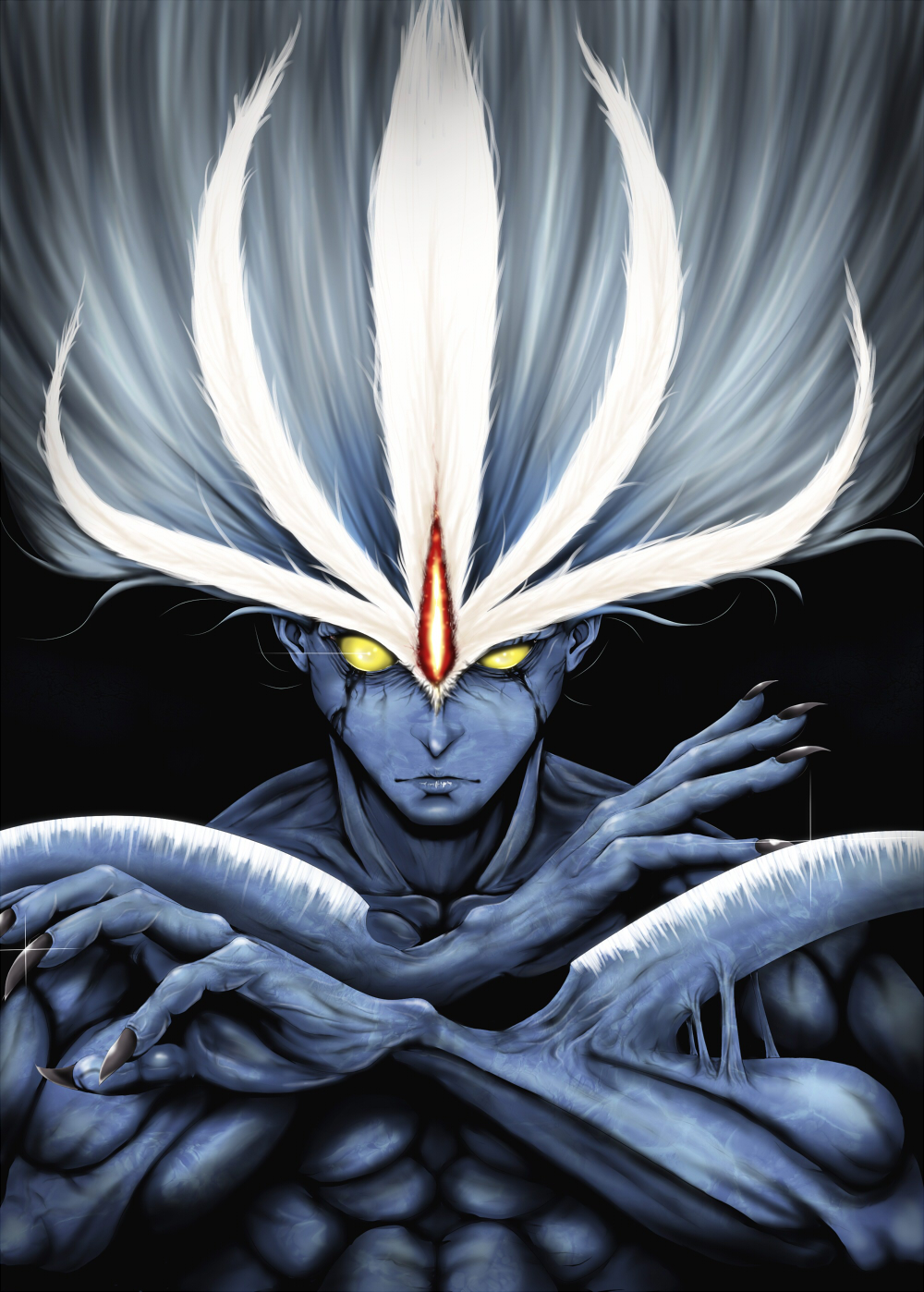 1boy, 1girl, black_background, black_nails, blue_skin, colored_sclera, colored_skin, commentary