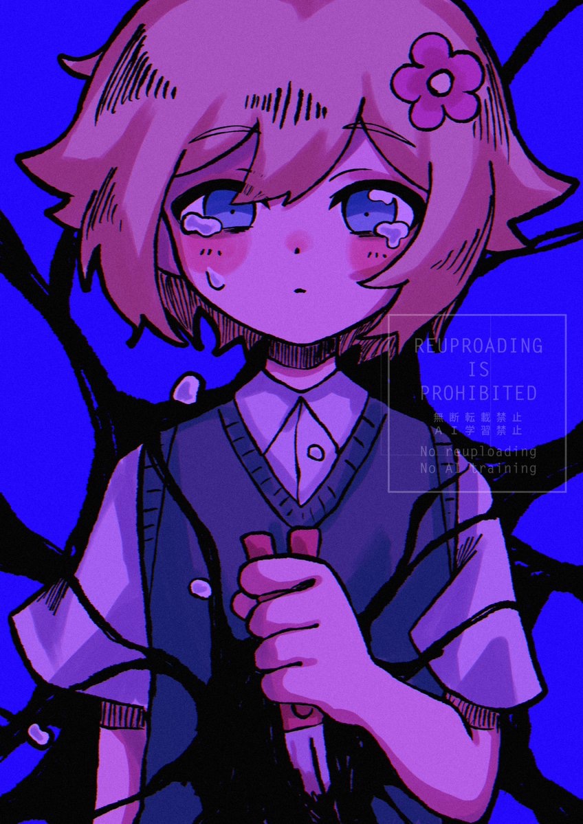 1boy, basil_(faraway)_(omori), basil_(omori), blonde_hair, blue_background, blue_eyes, blush, closed_mouth