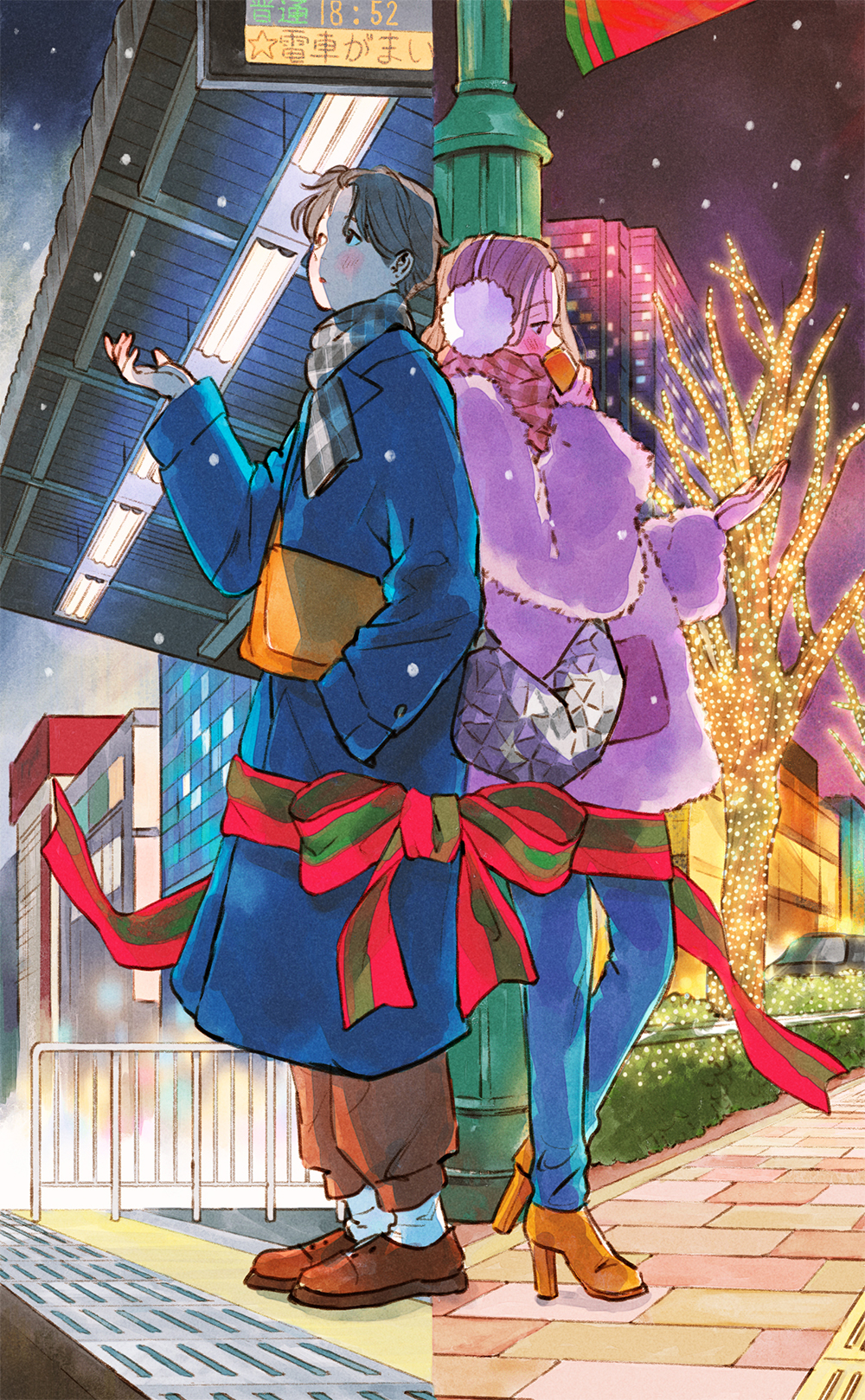 1boy, 1girl, bag, bare_tree, black_car, blue_coat, blue_pants, blush