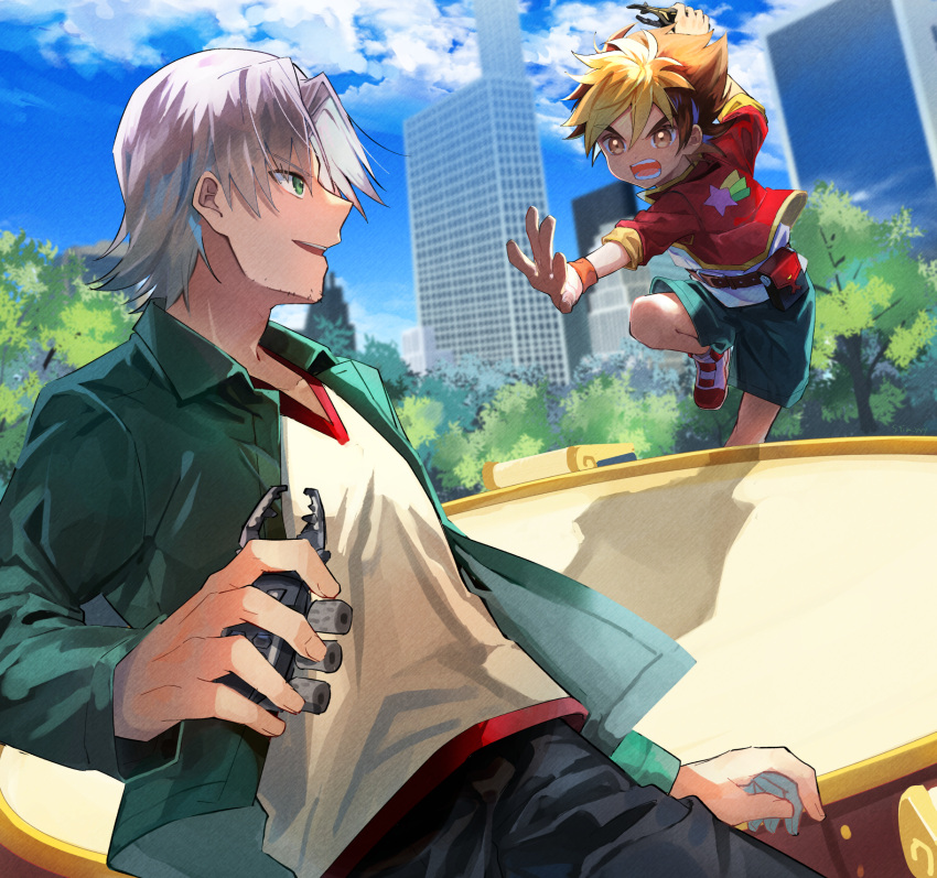 2boys, amanogawa_ryuusei, andou_loid, aqua_shorts, arm_up, beard_stubble, belt, belt_pouch